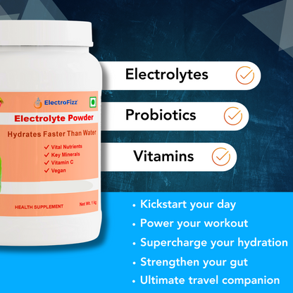 ElectroFizz Electrolyte Powder 100 servings | Minerals, Probiotics & Vitamin C- 1 Kg Jar Pack