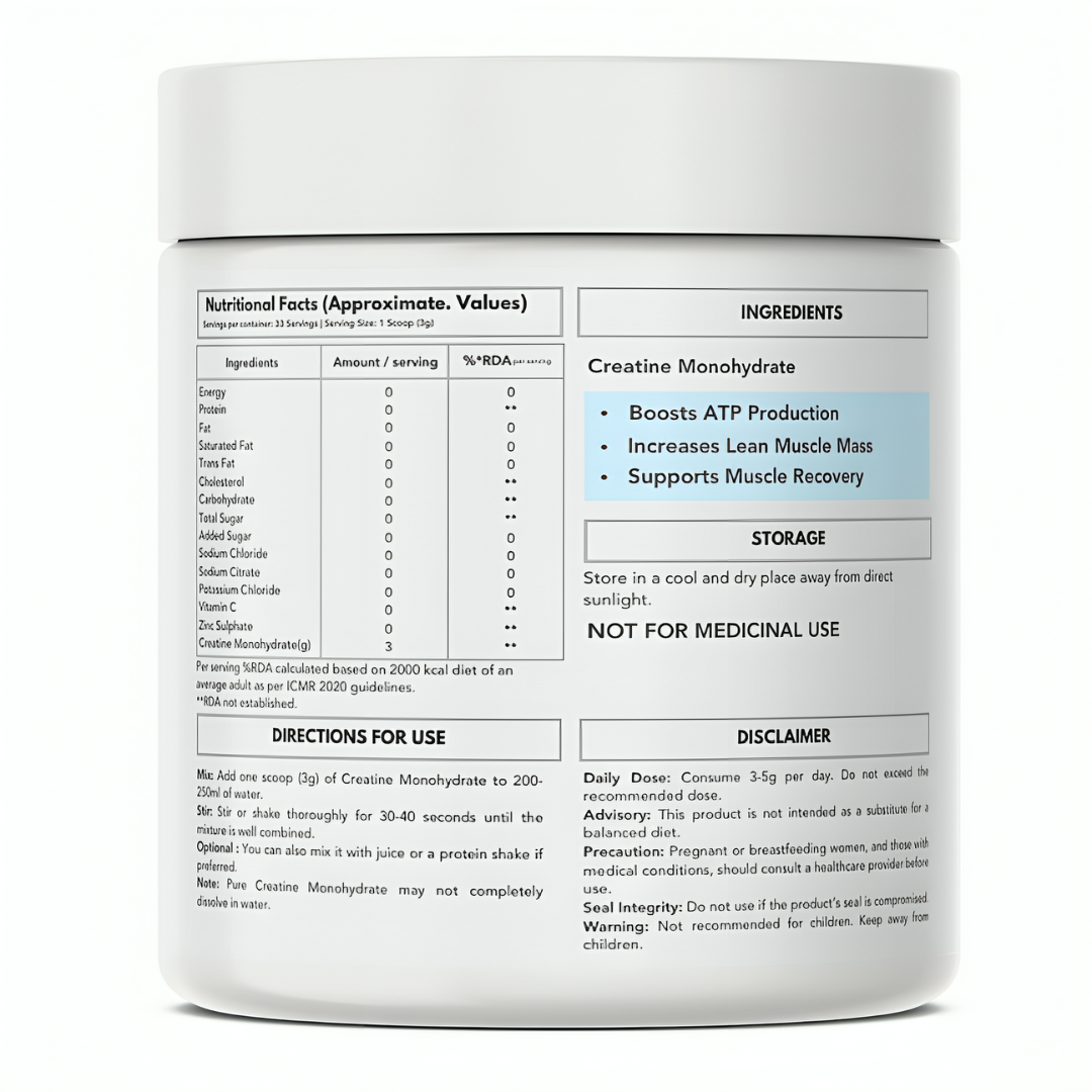 ElectroFizz Pure Micronised Creatine Monohydrate (Unflavoured, 33 Servings) | Scientifically Researched to Build Muscle, Boost Strength & Enhance Performance- 100 gm Pack