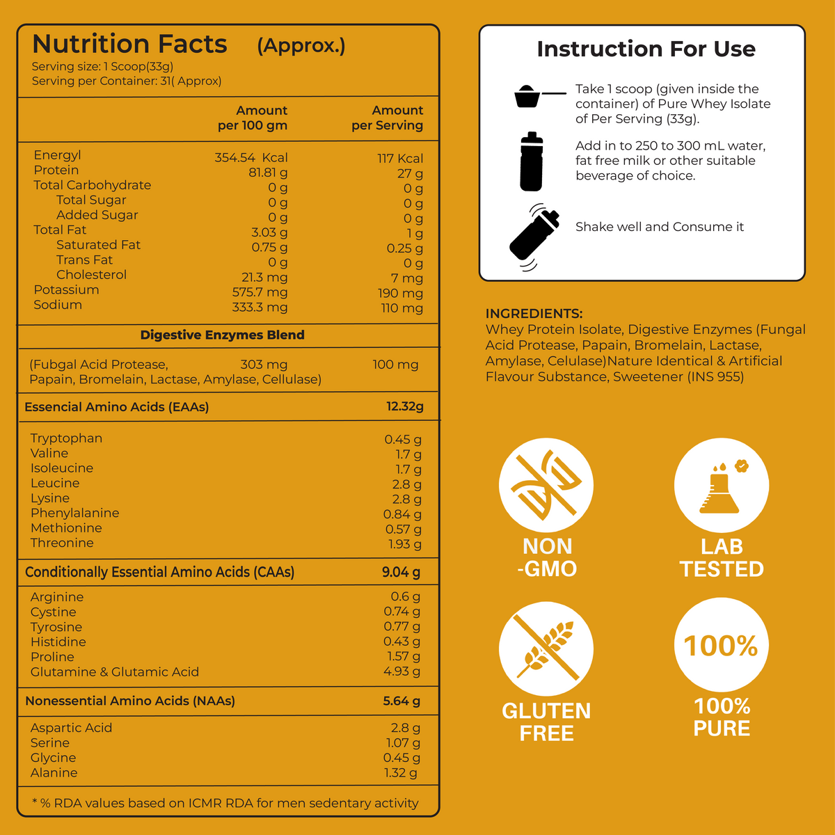 Whey Protein Isolate Pro Series, Clean Ingredients, Fast Absorption- 1kg Jar