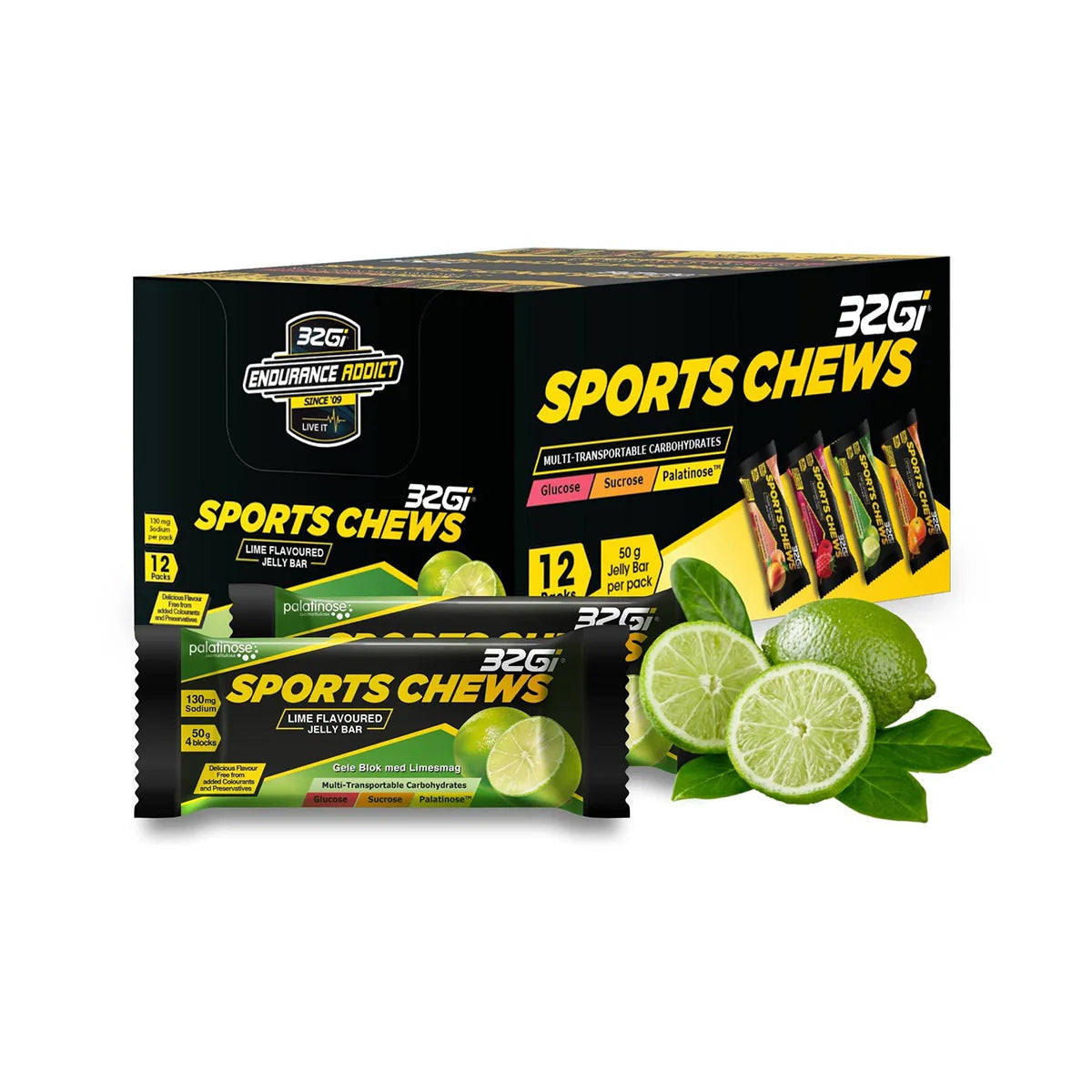 32Gi Sports Chews - Energy Sustaining Jelly Bar- 50gm (4 blocks per pack)- Pack of 3 Bars