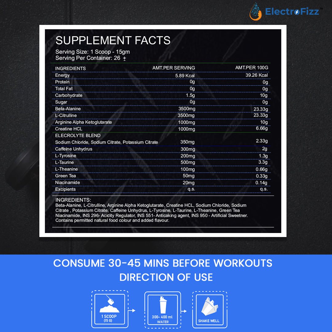 ElectroFizz Pre-Workout SuperCharge Powder for Energy, Power & Laser Focus, 3500 mg Beta-Alanine, 3500 mg Citrulline, 1000 mg Creatine, 200 mg Caffeine