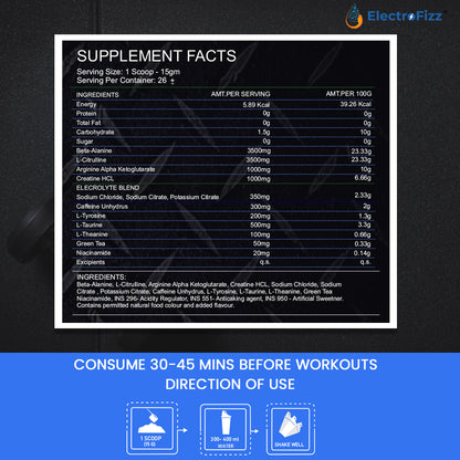 ElectroFizz Pre-Workout SuperCharge Powder for Energy, Power & Laser Focus, 3500 mg Beta-Alanine, 3500 mg Citrulline, 1000 mg Creatine, 200 mg Caffeine