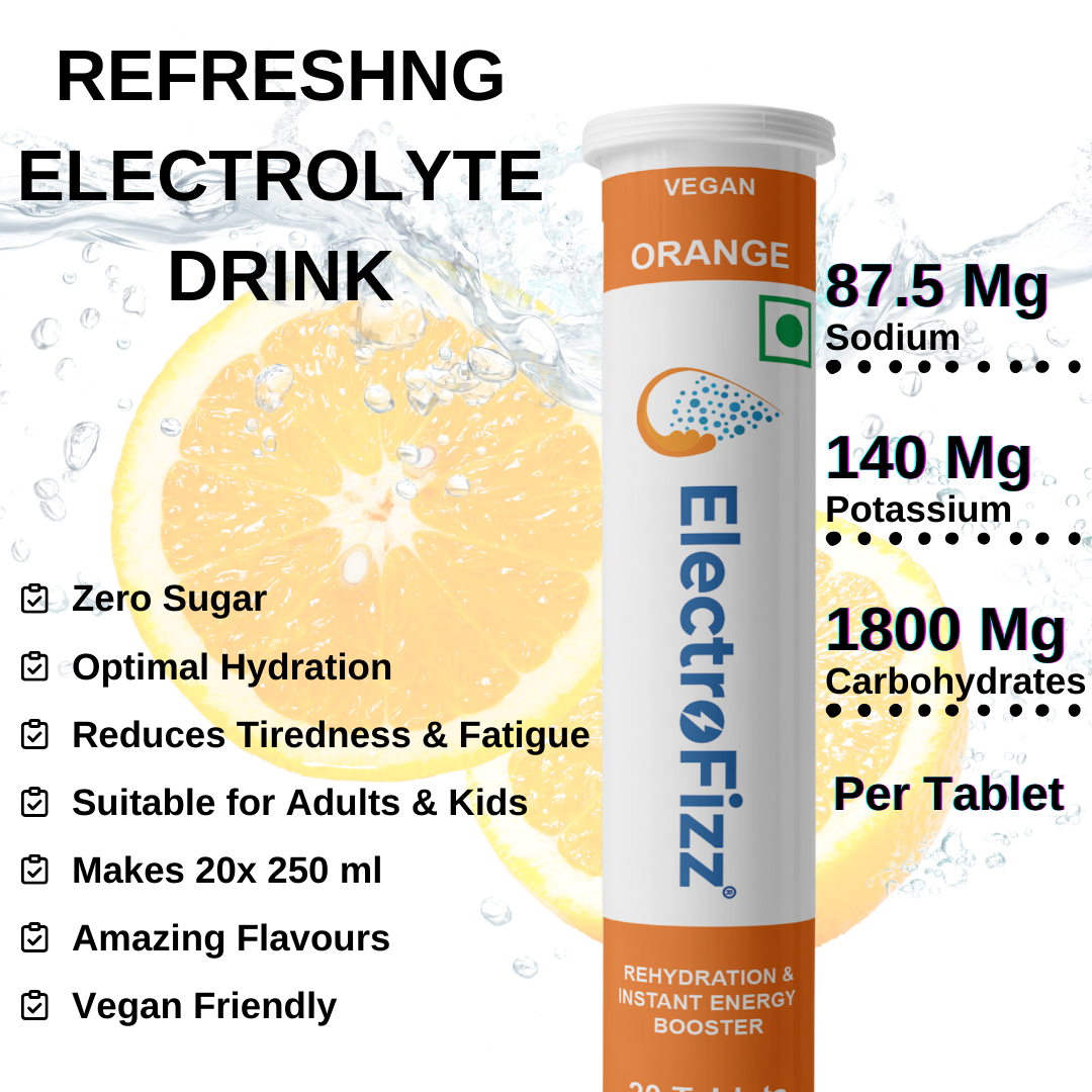 ElectroFizz Electrolyte Energy Drink for Workout - 60 Effervescent Tablets (Pack of 3 tubes) -Orange, Lemon & Pineapple