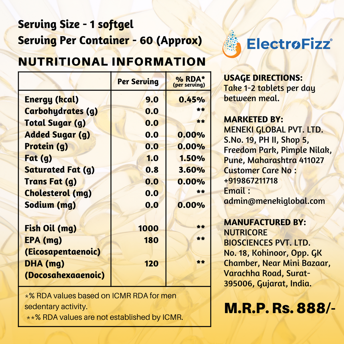ElectroFizz Premium Fish Oil Capsule For Men & Women (1000mg Omega 3 with 180 mg EPA & 120 mg DHA), for Brain- 60 Softgels